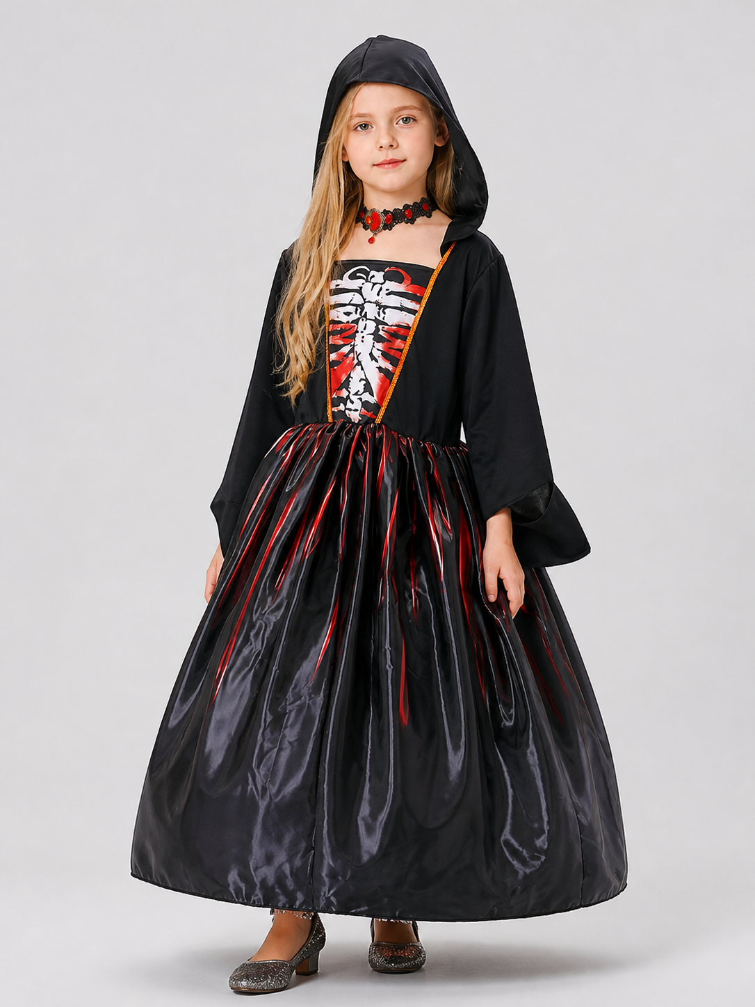 Halloween Dress with Skull and Red Stripes, Hood Costume Dresses detail 3