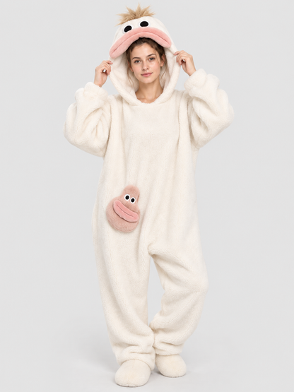 White Insulated Pajama Jumpsuit with Cartoon Design
