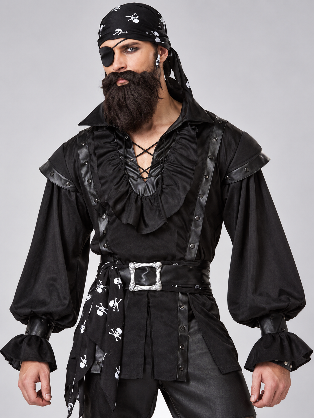 Black Pirate Costume with Beard, Eye Patch and Belt