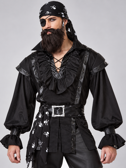 Black Pirate Costume with Beard, Eye Patch and Belt