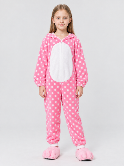 Kids' Hooded One-Piece Pajama, Pink with Polka Dots