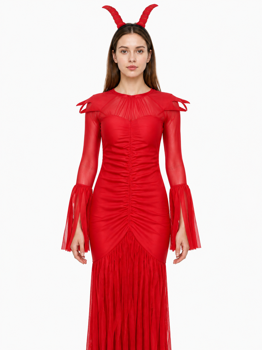 Devil Costume with Horns, Red Long Dress Costume Dresses detail 3