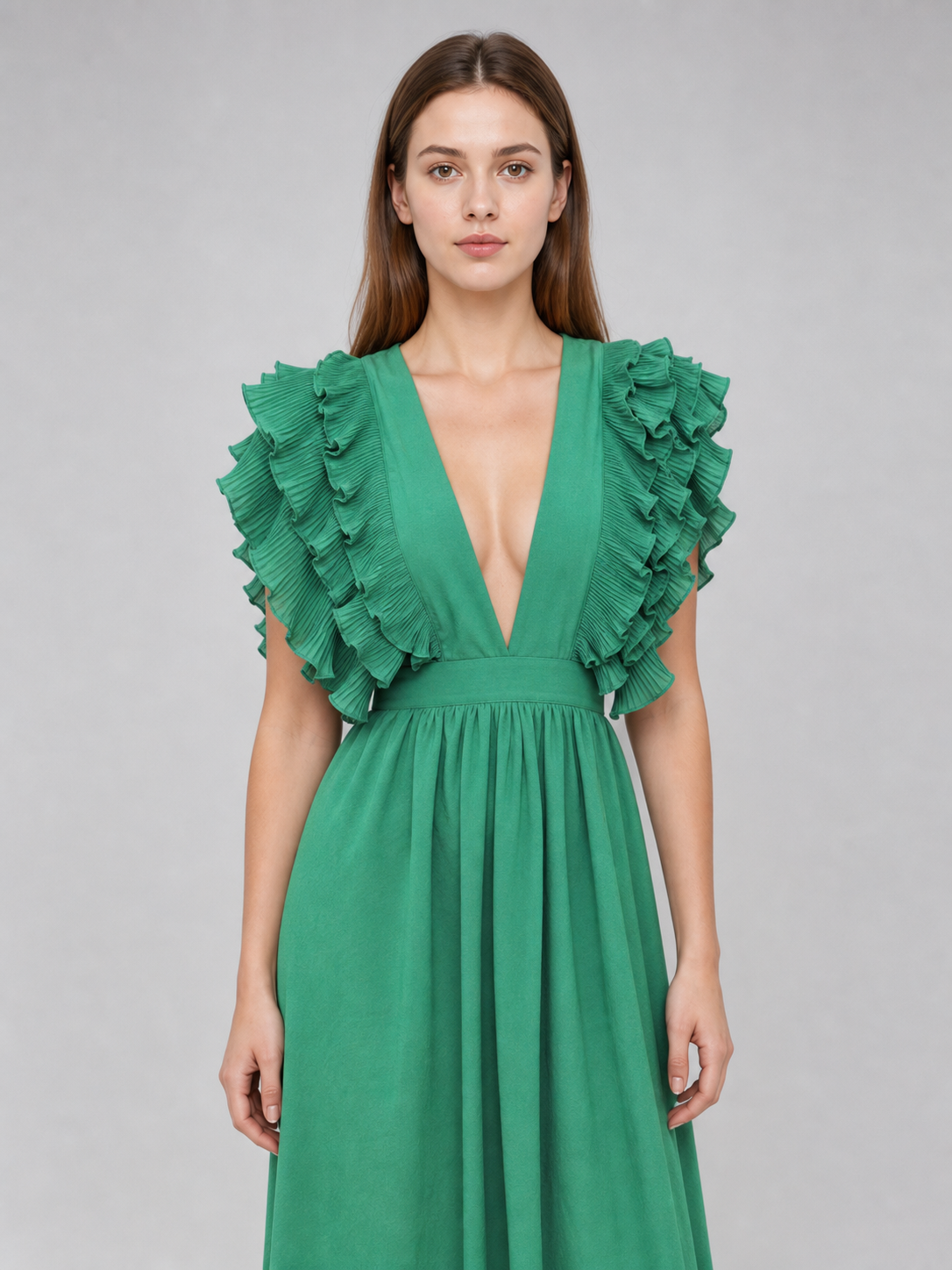 Emerald Green Maxi Dress with a V-Neckline
