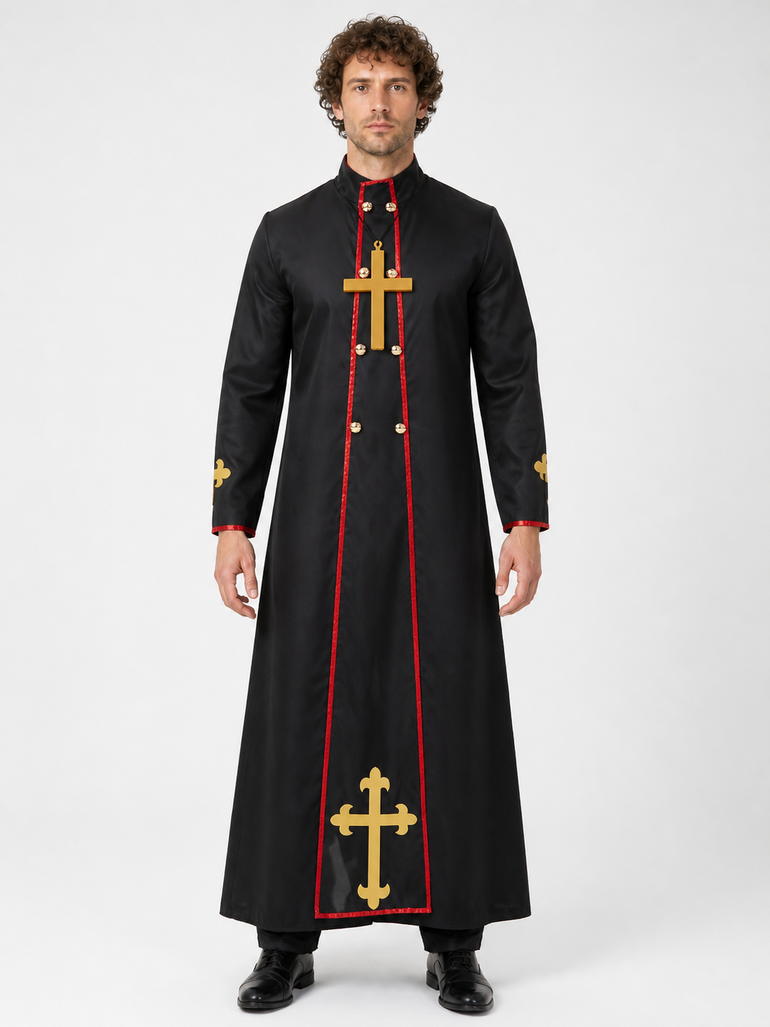 Black Cassock with Gold Cross and Red Trim product detail 2