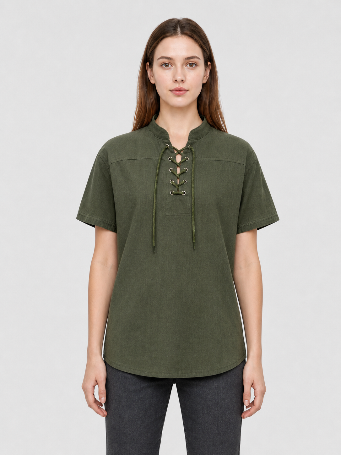 Green Short-Sleeve Lace-Up Shirt