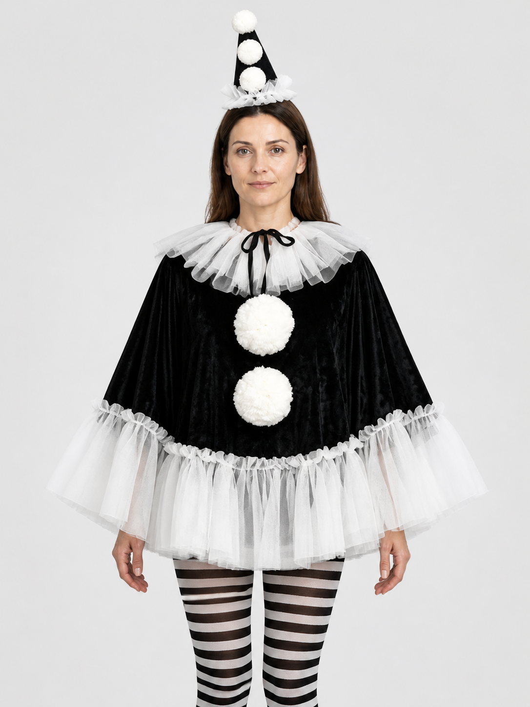 Black and White Carnival Cape with Pom-Poms Costume Capes detail 3