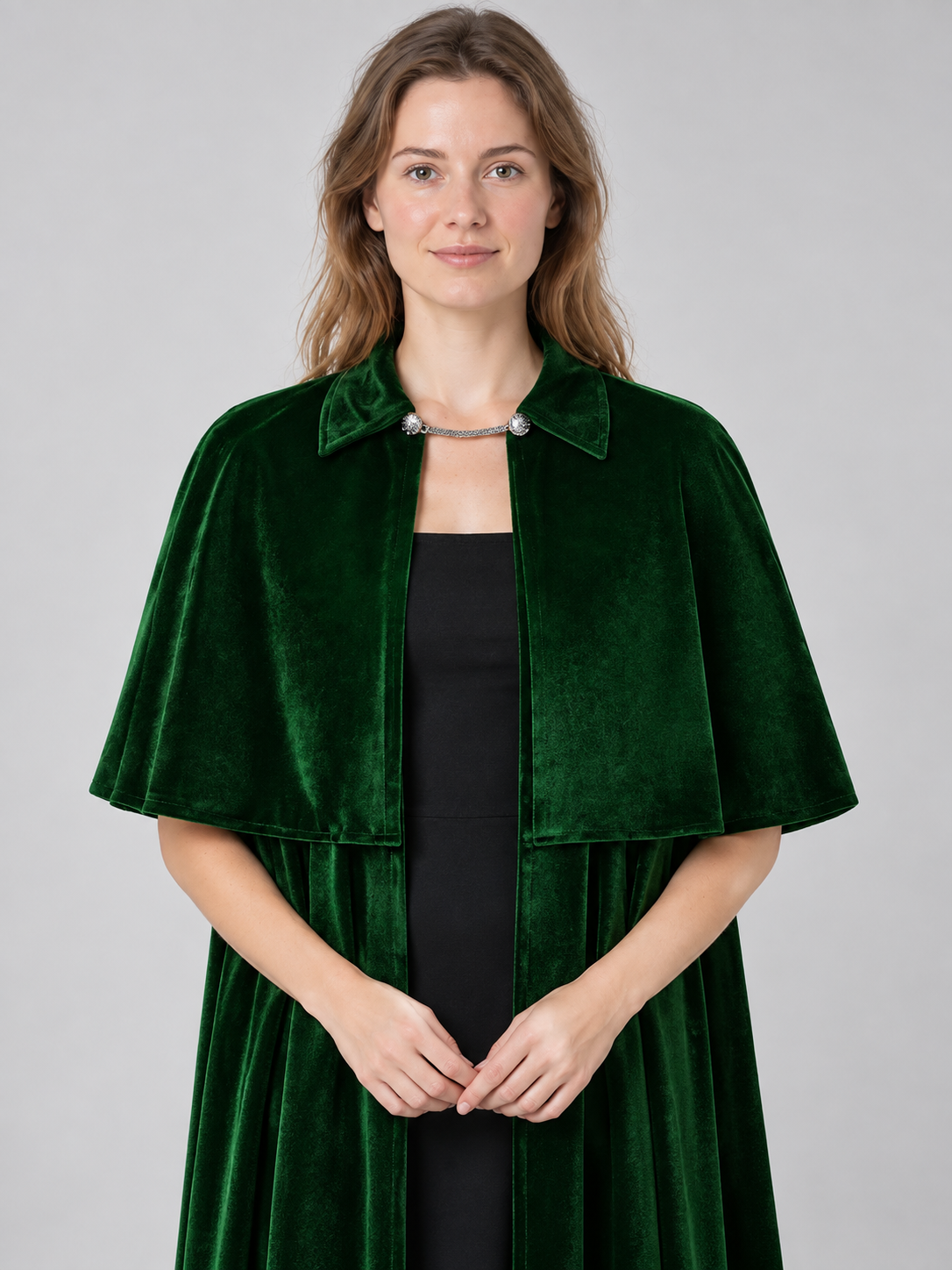 Long Dark Green Velvet Cloak with Collar