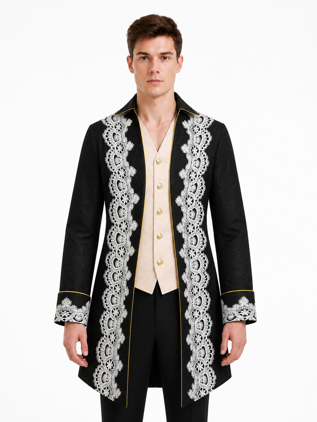 Longline tailcoat with lace and gold buttons