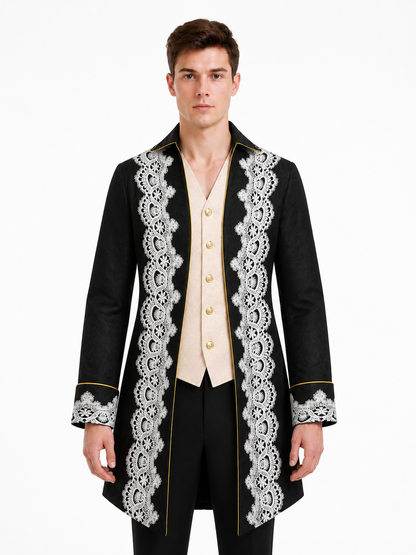 Longline tailcoat with lace and gold buttons