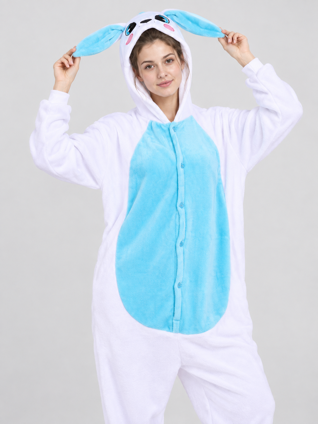 Bunny Kigurumi Pajama White and Light Blue Fleece with Hood