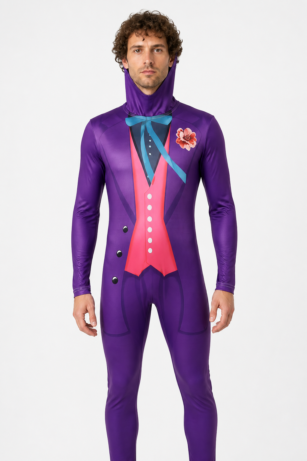 Joker cosplay jumpsuit with hood and printed design upper body view