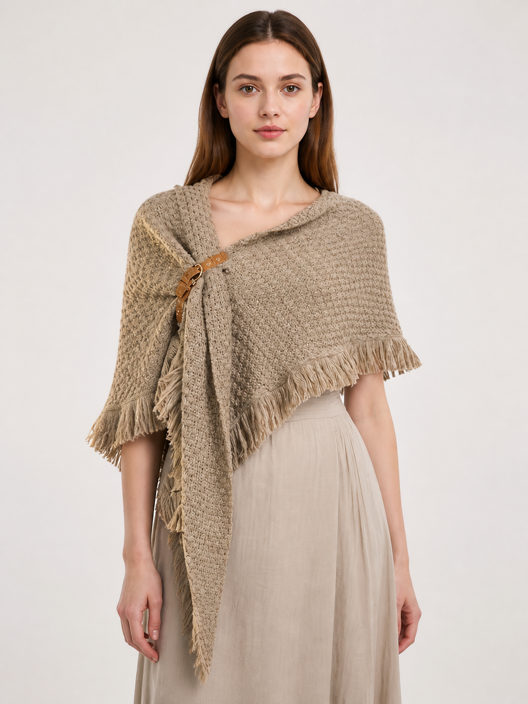 Beige fringed woven costume cape product view 29