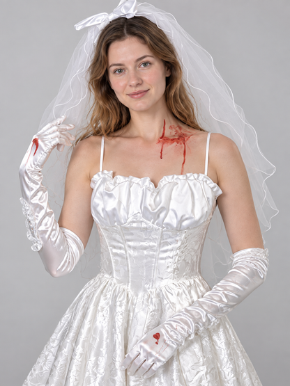 White Halloween Vampire Costume: Veil, Gloves, Blood
