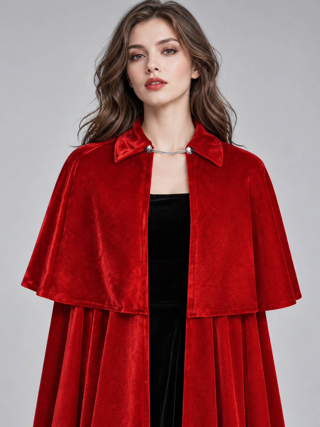 Long Red Velvet Cloak-Cape with Fastener