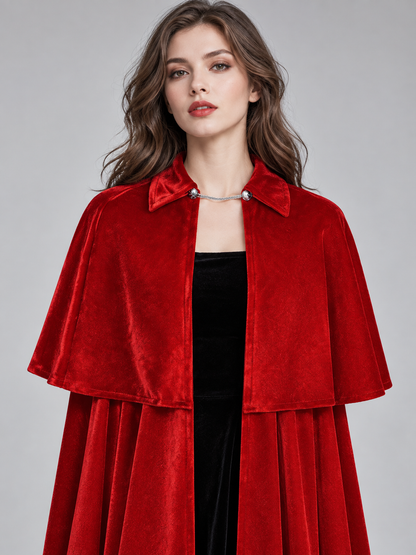 Long Red Velvet Cloak-Cape with Fastener