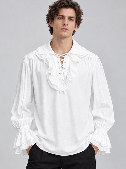 White shirt with ruffles, long sleeves, and lacing