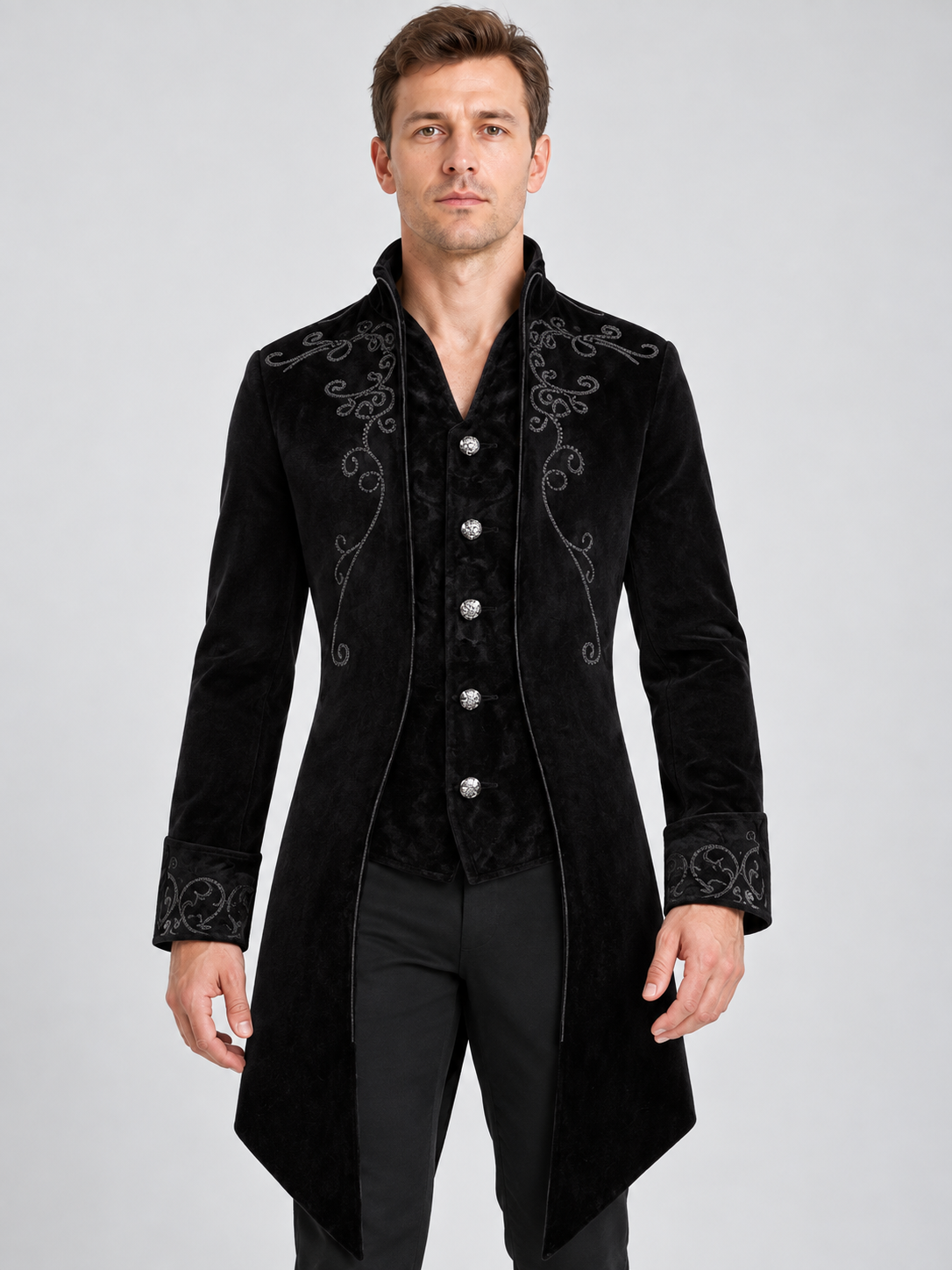 Black Velvet Long Tailcoat with Embroidery and Tails