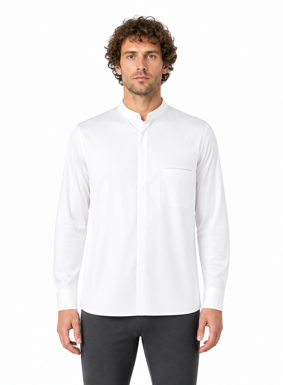 White Shirt with Stand Collar and Long Sleeves product detail 3