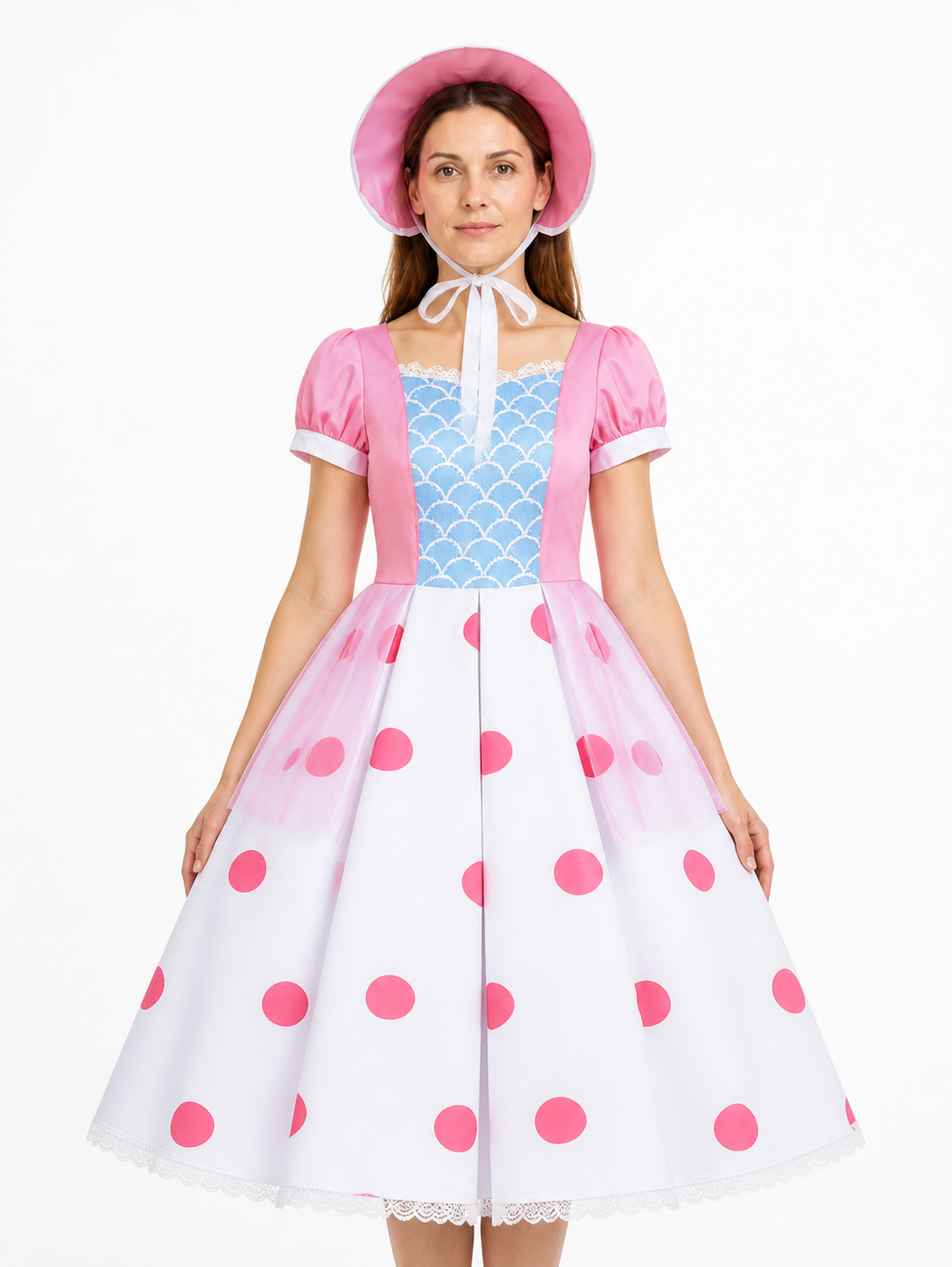 Bo Peep Cosplay Dress, White and Light Blue Polka Dot, with Hat Costume Dresses detail 2