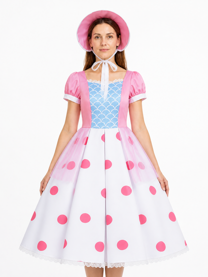Bo Peep Cosplay Dress, White and Light Blue Polka Dot, with Hat Costume Dresses detail 2