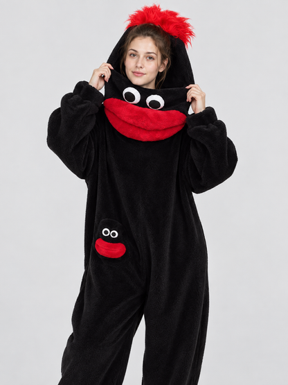 Black One-Piece Pajama Jumpsuit with Cartoon Monster