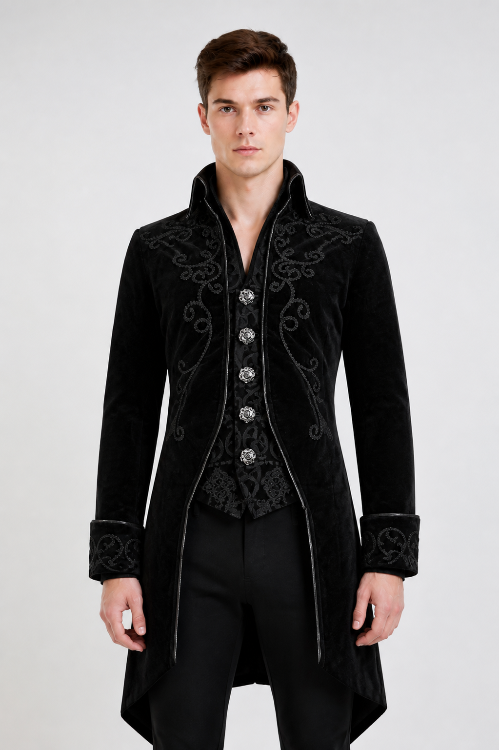 Black Tailcoat with Embroidery and Stand Collar product detail 3