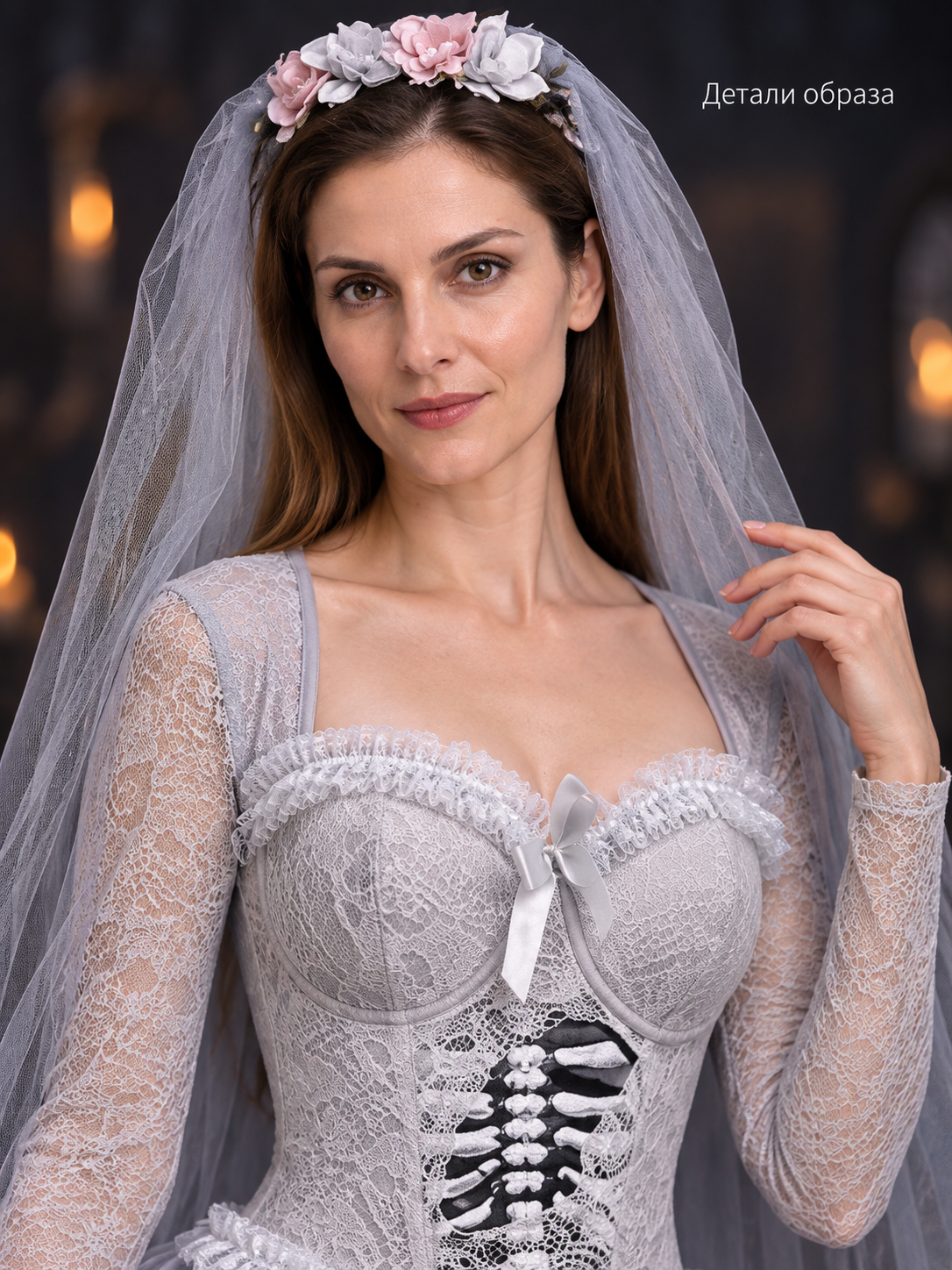 Gray carnival dress with a voluminous skirt and lacing