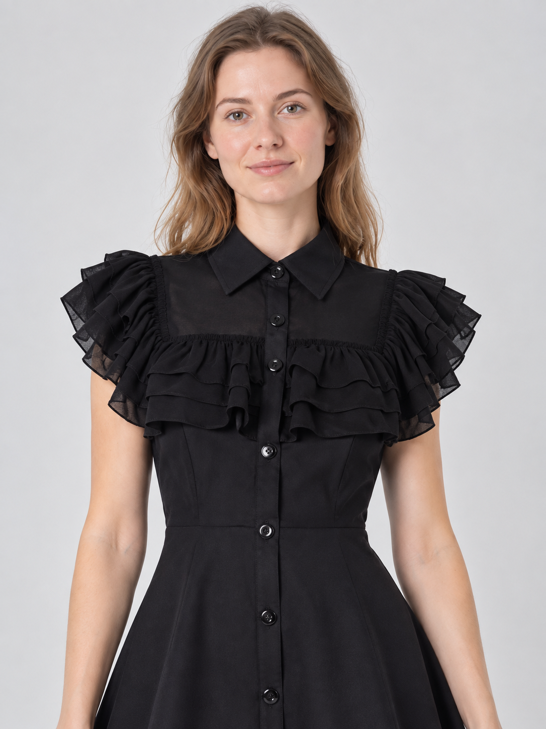 Gothic Black Short Dress with Collar and Ruffles
