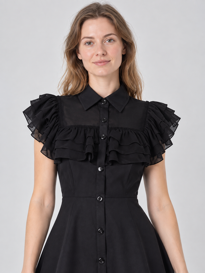 Gothic Black Short Dress with Collar and Ruffles