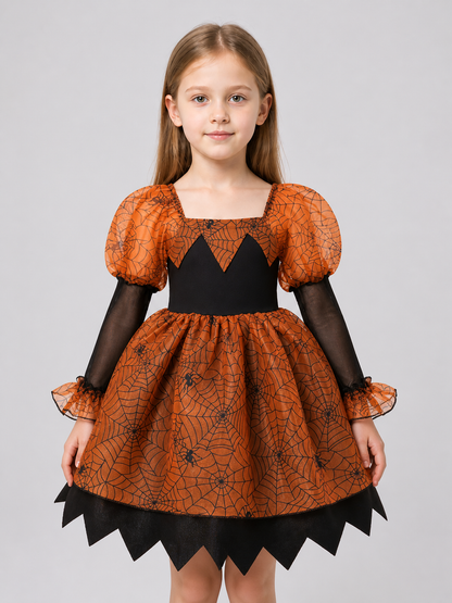 Orange and Black Princess Dress with Spiderweb Pattern