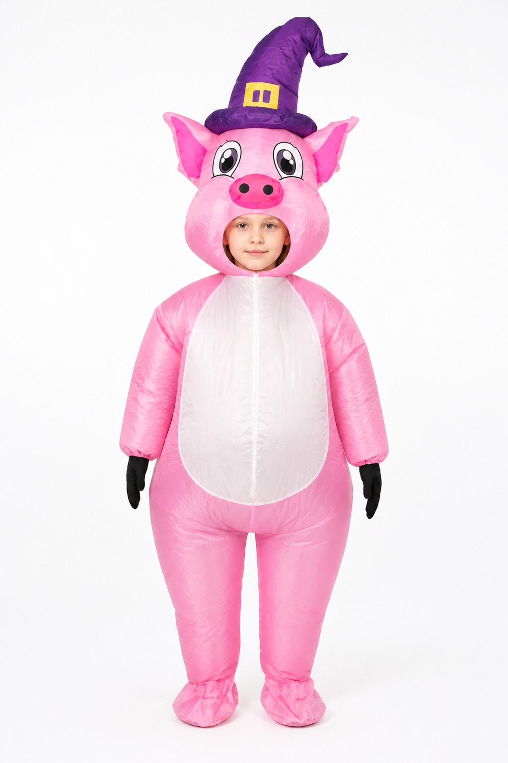 Inflatable Pig Costume with Witch Hat upper body view