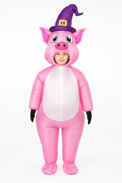 Inflatable Pig Costume with Witch Hat upper body view