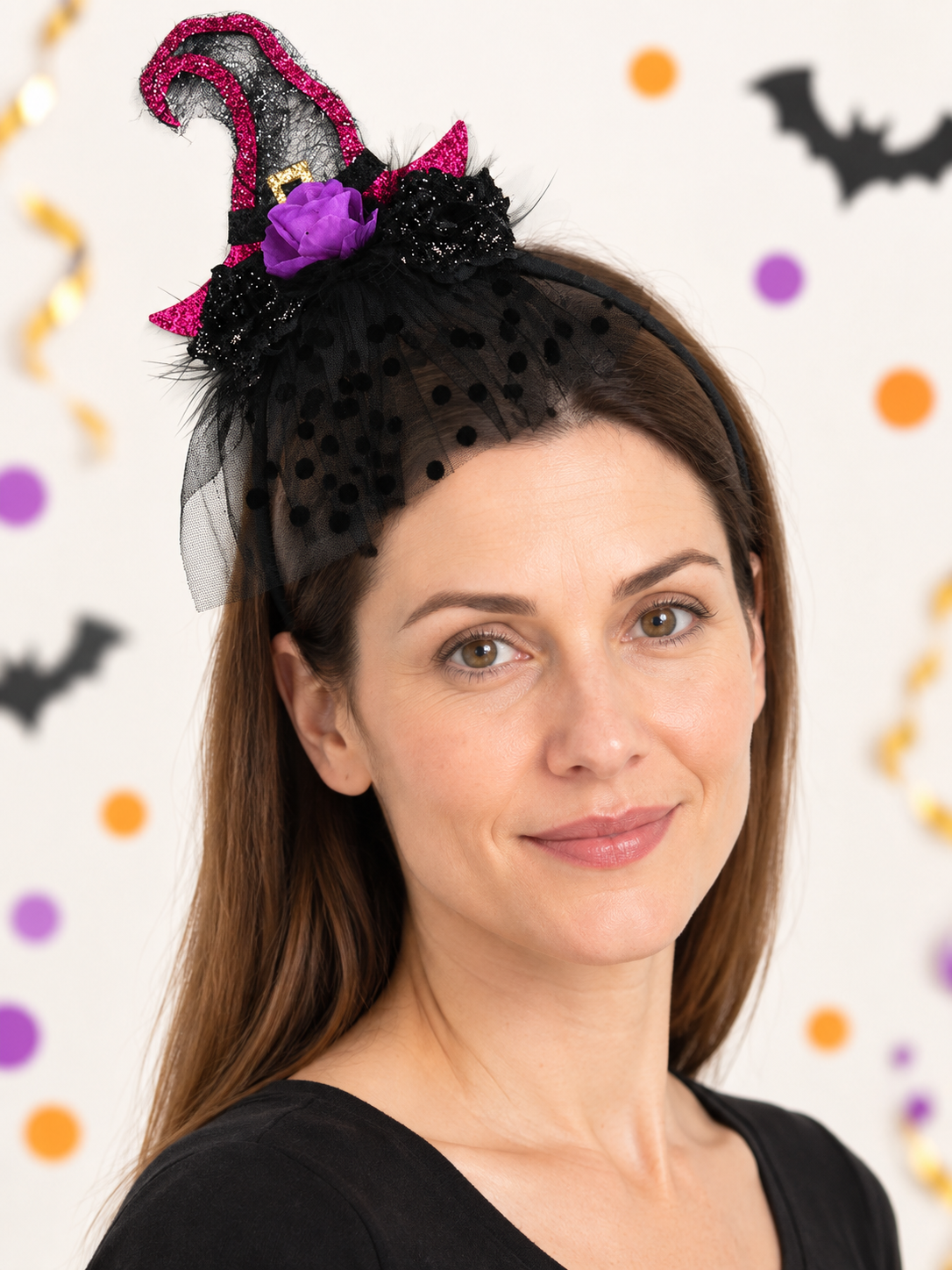 Carnival Witch Hat Headband with Flower, Veil, and Bow