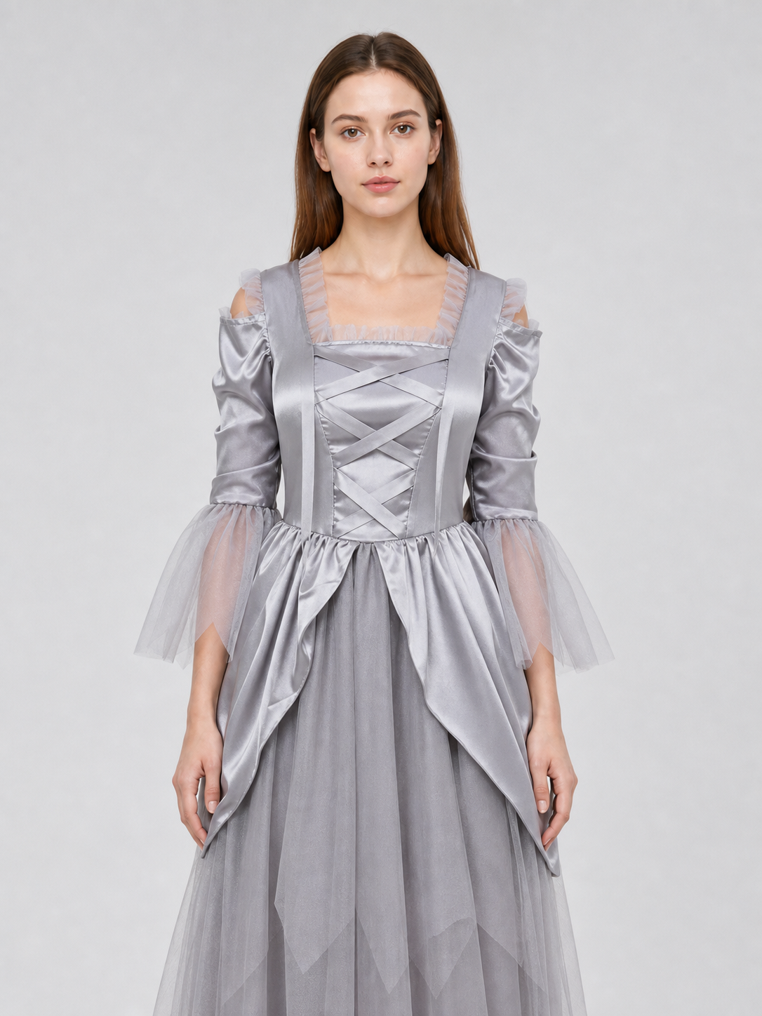Gray Cloak Dress with Sleeves and Crisscross Lacing