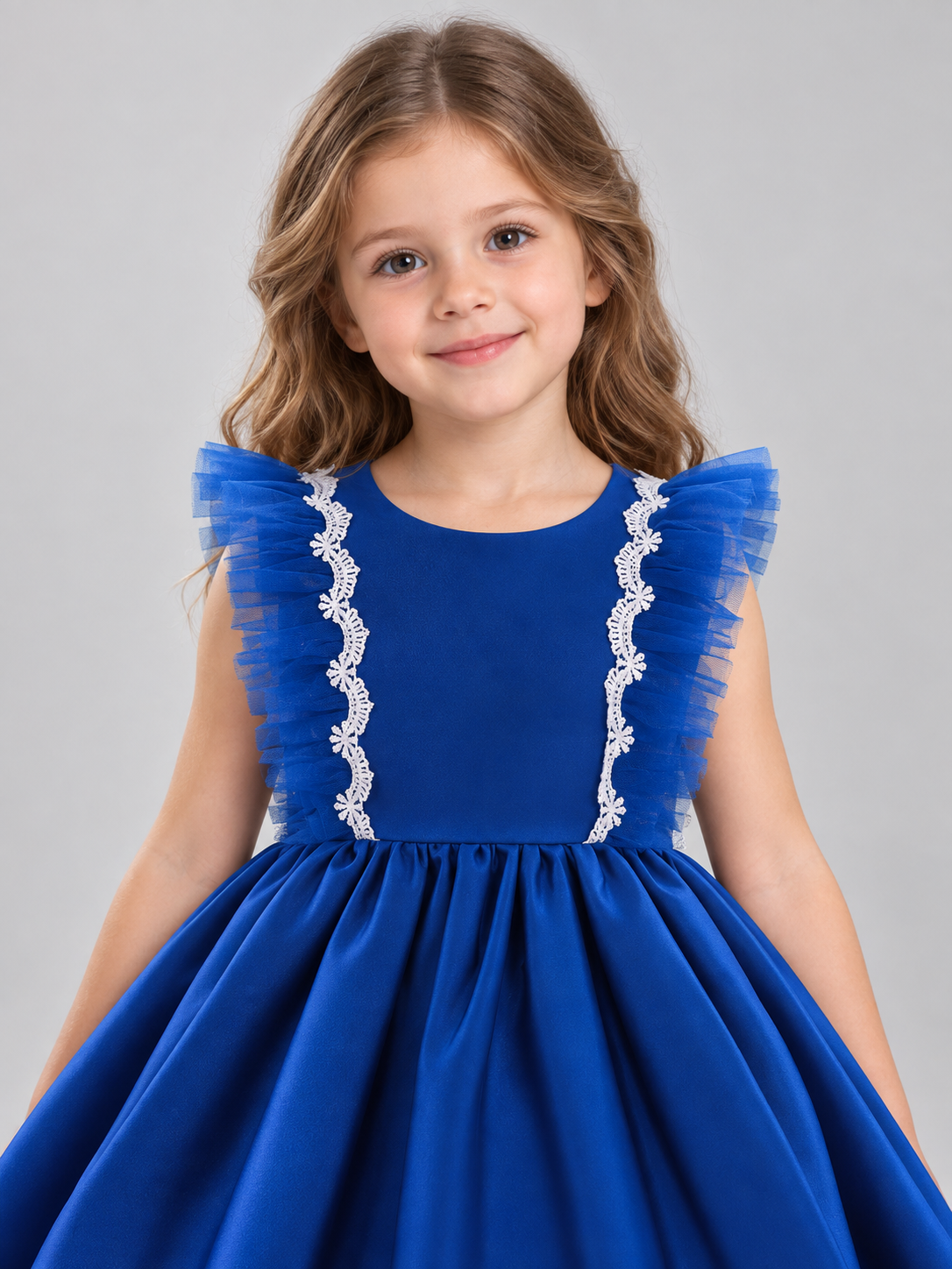 Bright Blue Children's Formal Dress with Bow and Lace