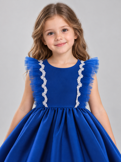 Bright Blue Children's Formal Dress with Bow and Lace