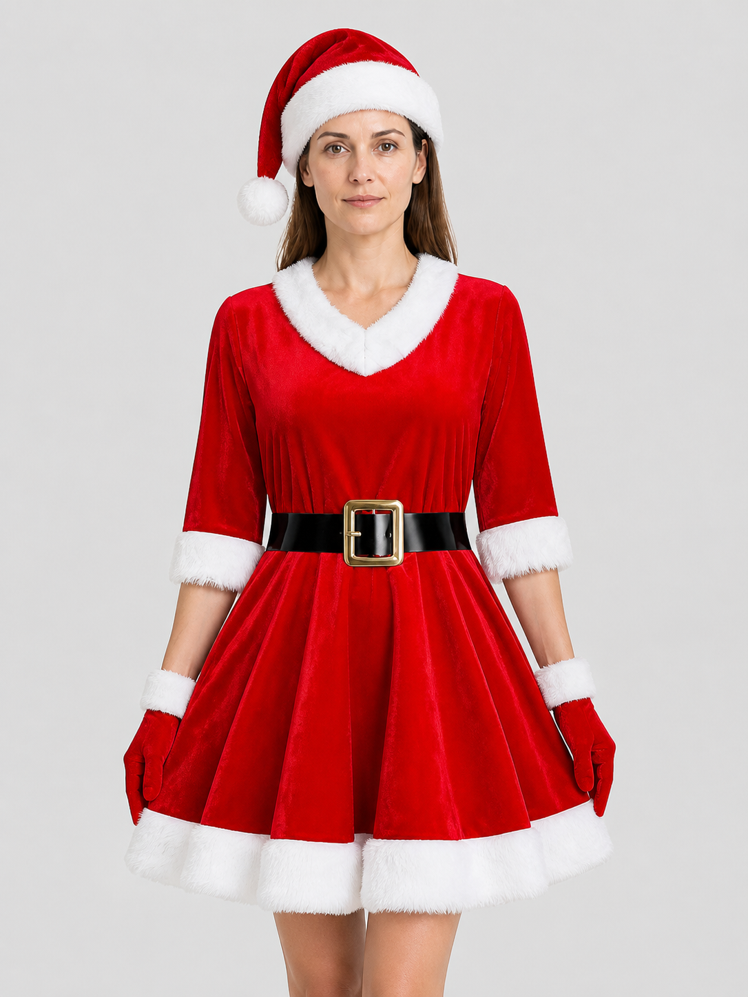 Red Santa Claus Costume: Dress, Hat, and Gloves Costume Dresses detail 3