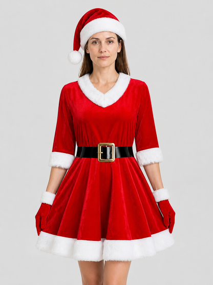 Red Santa Claus Costume: Dress, Hat, and Gloves Costume Dresses detail 3