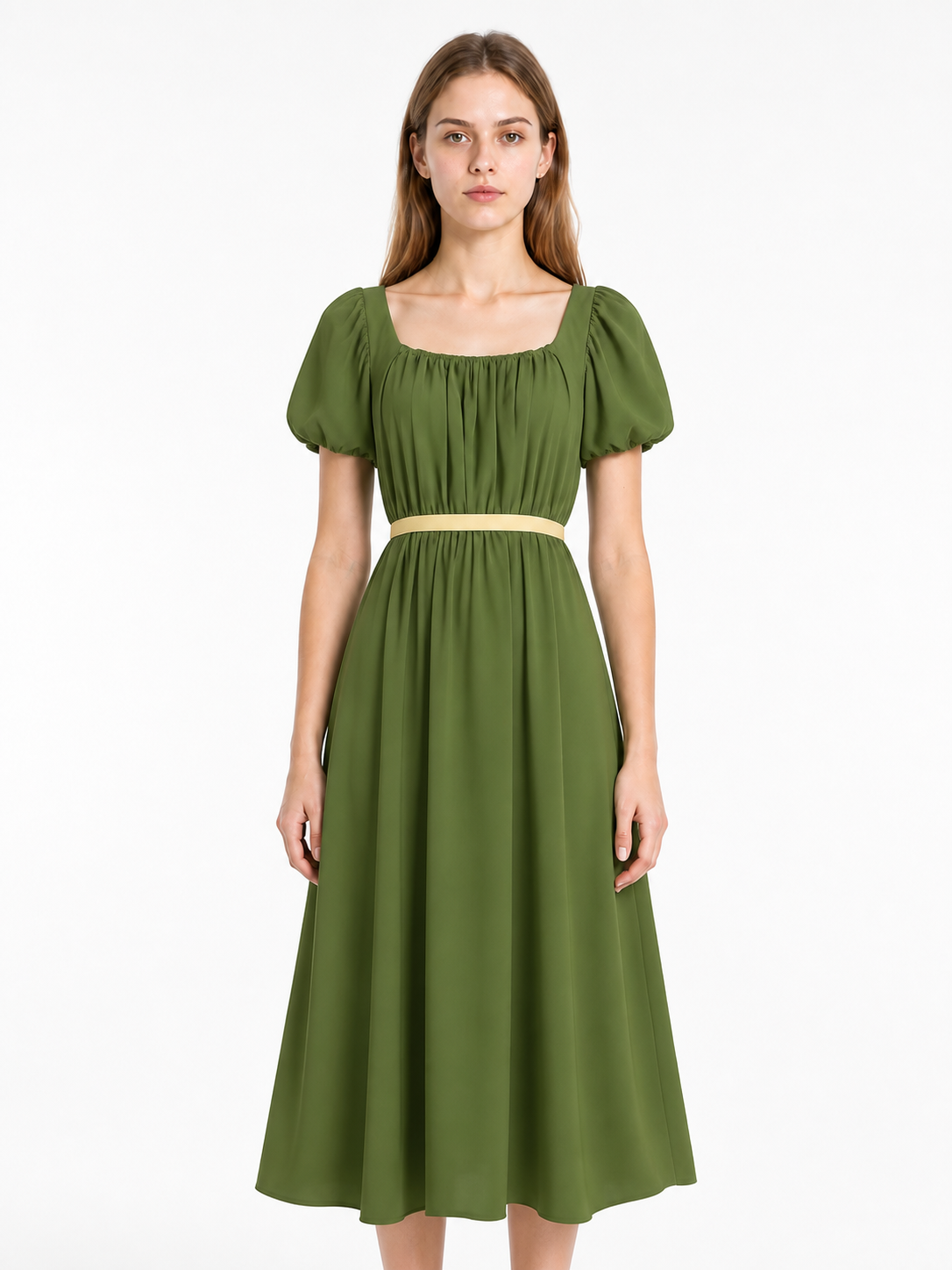 Olive Square-Neck Dress with Puff Sleeves Costume Dresses detail 3