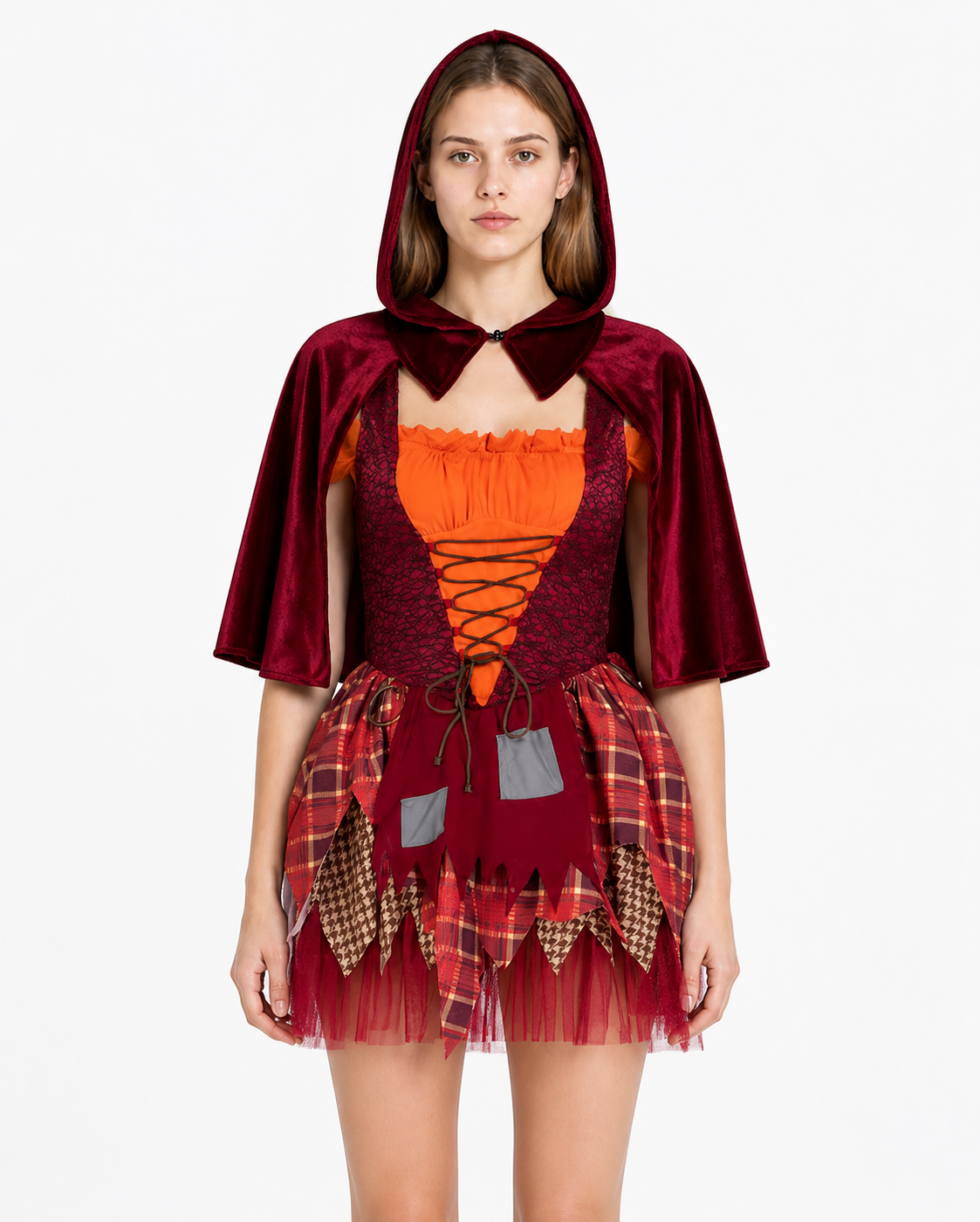 Witch costume with a red skirt and hooded cape Costume Capes detail 3