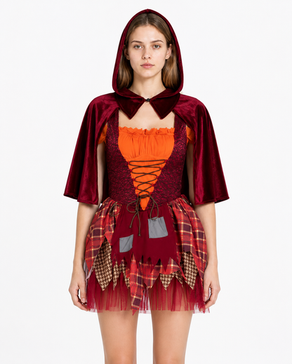Witch costume with a red skirt and hooded cape Costume Capes detail 3