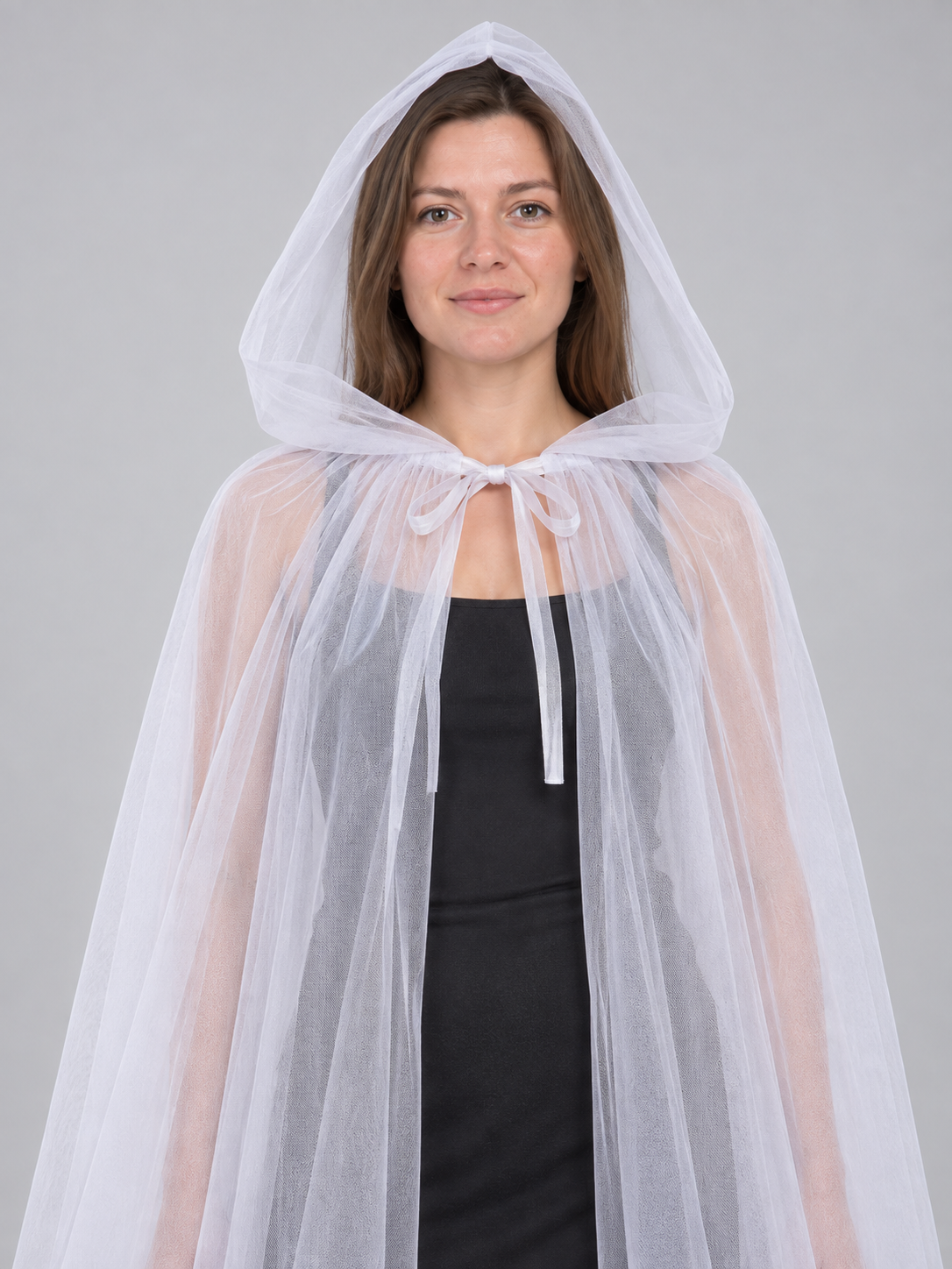 White Long Mesh Hooded Cape with Bow