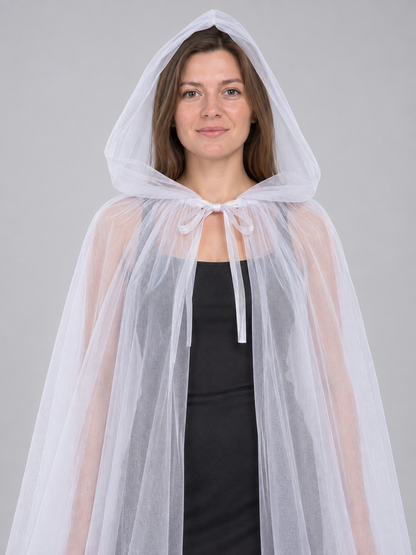 White Long Mesh Hooded Cape with Bow