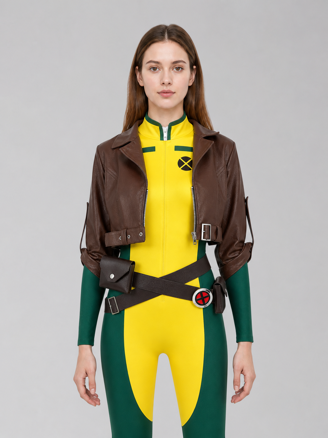 X-Men character cosplay set in a rich color combination of brown, red, green, yellow, and black. The set includes a sleeveless yellow-and-green jumpsuit with symmetrical black decorative graphic elements on the chest, along with a cropped b