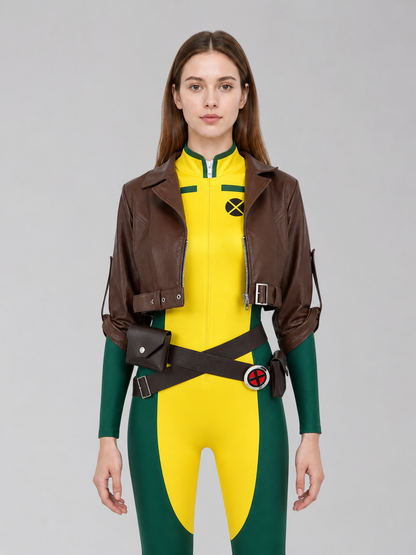 X-Men character cosplay set in a rich color combination of brown, red, green, yellow, and black. The set includes a sleeveless yellow-and-green jumpsuit with symmetrical black decorative graphic elements on the chest, along with a cropped b