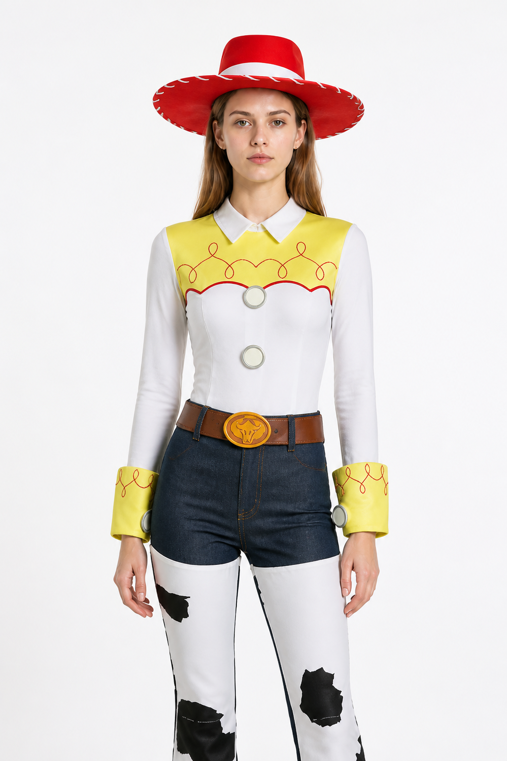 Cowboy Costume with Red Hat and White Flared Pants Costume Headwear detail 3