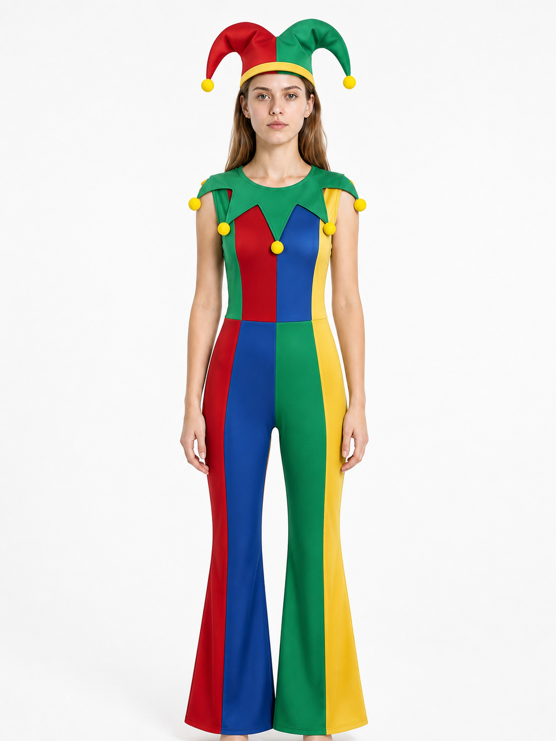 Clown Costume, Multicolored Jumpsuit with Hat Costume Headwear detail 2