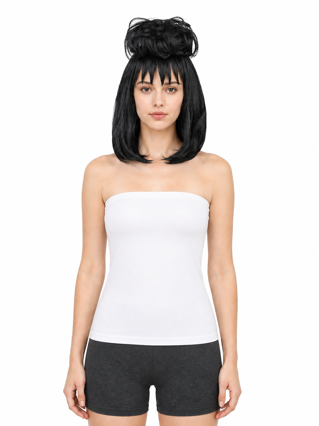 Black Wig with Bangs and Bun for Cosplay Costume Wigs detail 3