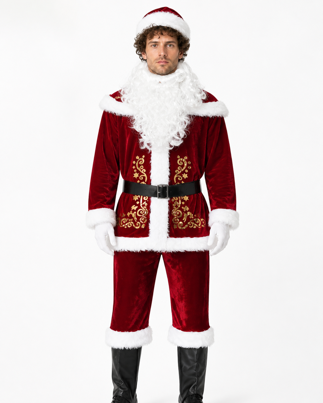 Santa Claus Costume, Red with White Fur Trim and Beard Costumes detail 3