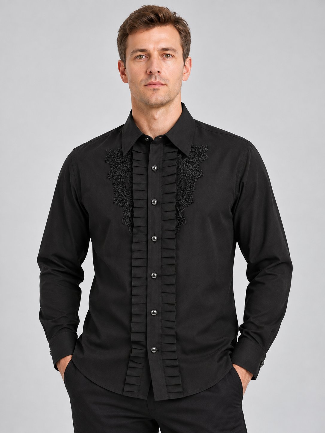 Black long-sleeve shirt with lace trim